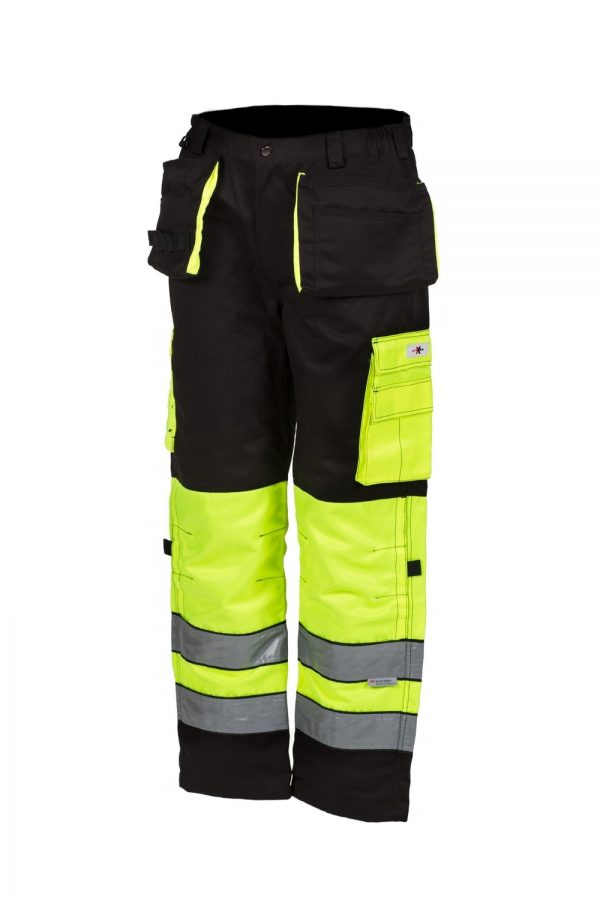 Huomioväriset riipputaskuhousut kelta/musta EN 20471 lk.1